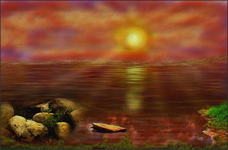 Sunset over Water — Red, Dramatic, Digital Art, Rocks