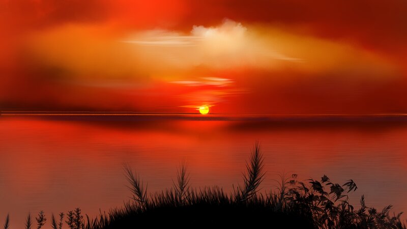 Sunset over Water — Red, Dramatic, Digital Art, Sun, Clouds, Grass