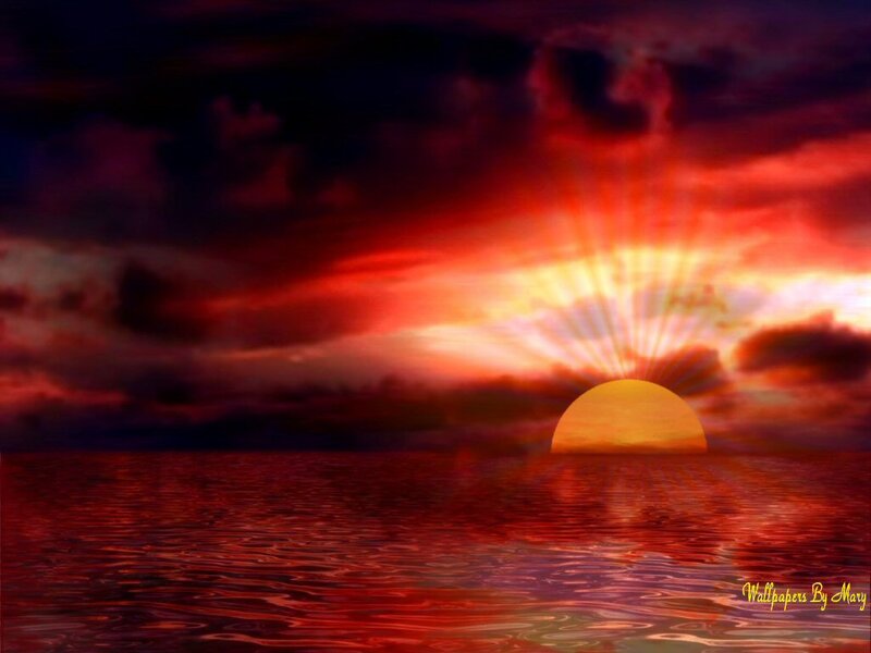 Sunset over Water — Red, Dramatic, Digital Art, Sun, Clouds, Ocean