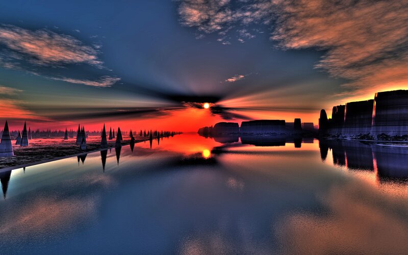 Sunset over Water — Red, Dramatic, Digital Art, Sun, Clouds, Reflection