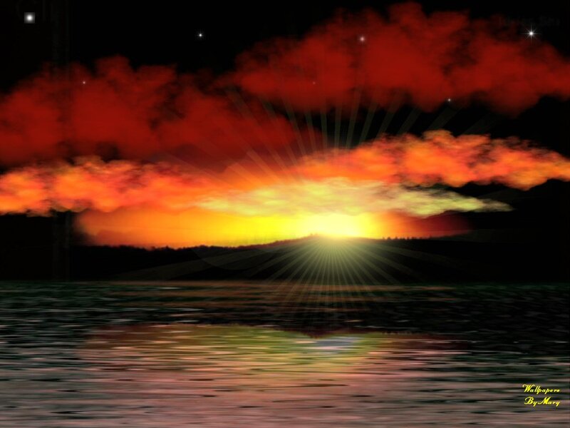 Sunset over Water — Red, Dramatic, Digital Art, Sun, Clouds