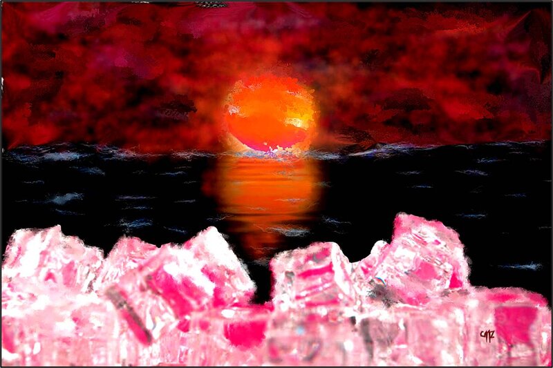Sunset over Water — Red, Dramatic, Digital Art, Sun, Ice