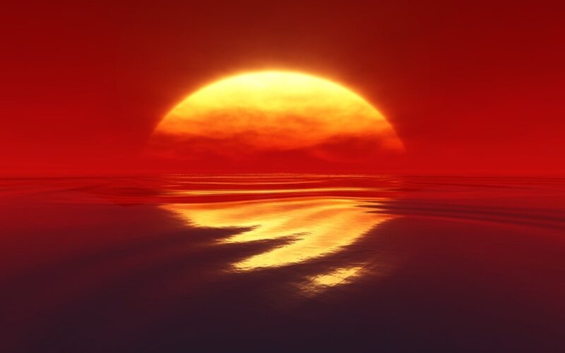 Sunset over Water — Red, Dramatic, Digital Art, Sun, Sky, Reflection