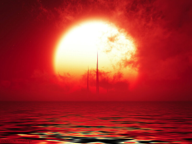 Sunset over Water — Red, Dramatic, Digital Art, Sun