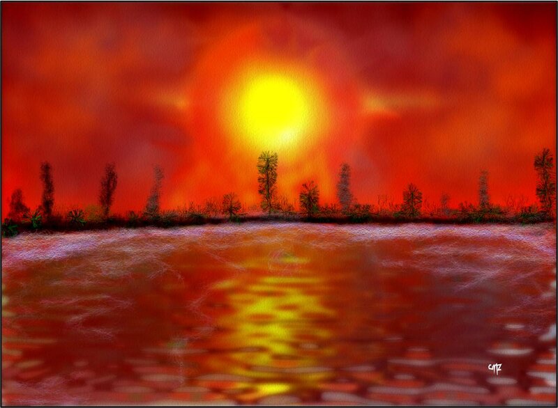 Sunset over Water — Red, Dramatic, Digital Art, Sun, Trees