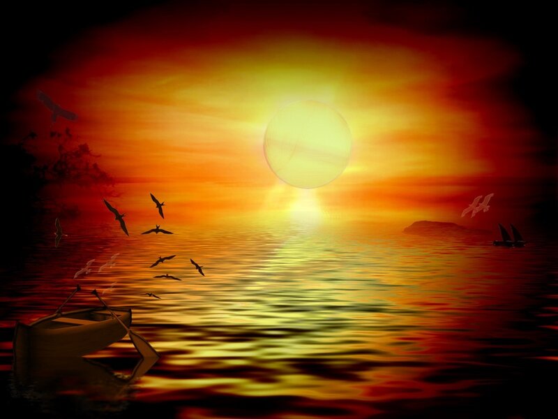 Sunset over Water — Red, Dramatic, Digital Art