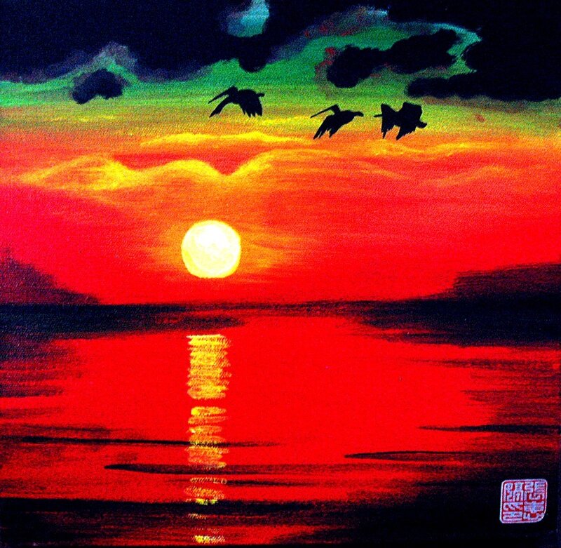 Sunset over Water — Red, Dramatic, Painting