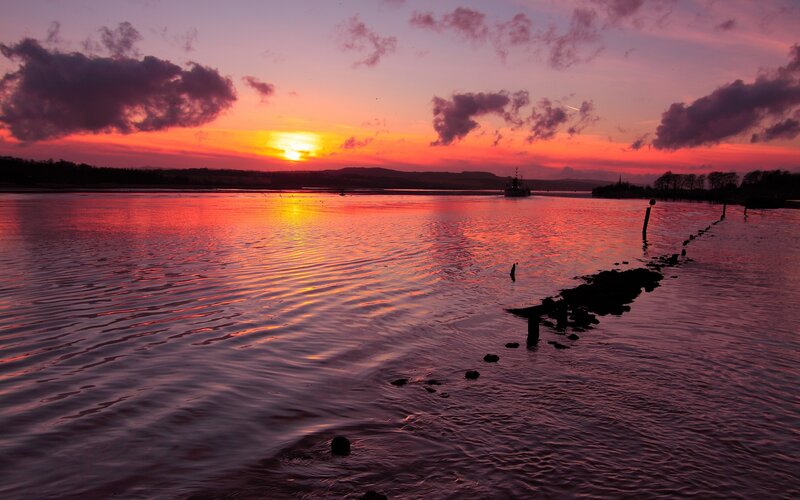 Sunset over Water — Red, Dramatic, Photograph, Boat