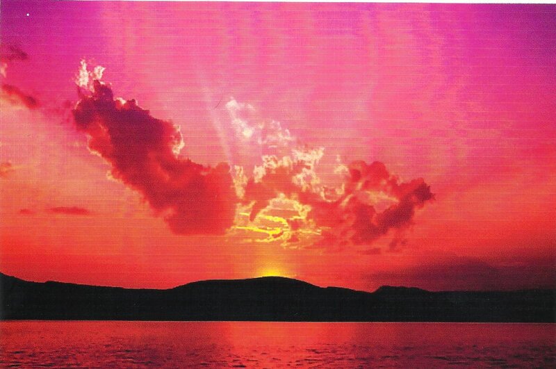 Sunset over Water — Red, Dramatic, Photograph, Clouds, Mountain
