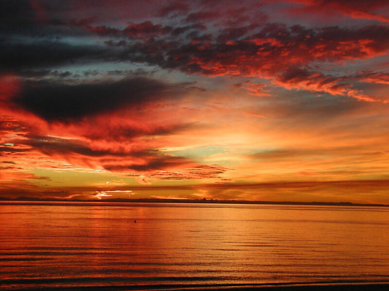 Sunset over Water — Red, Dramatic, Photograph, Clouds, Sky, Horizon