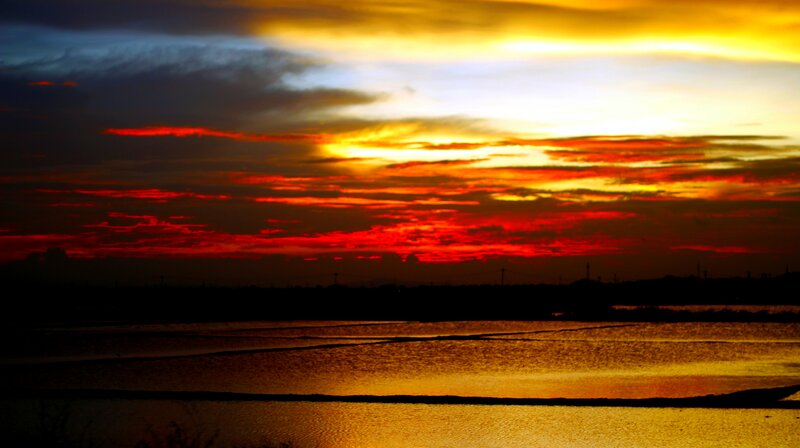 Sunset over Water — Red, Dramatic, Photograph, Clouds, Sky, Silhouette