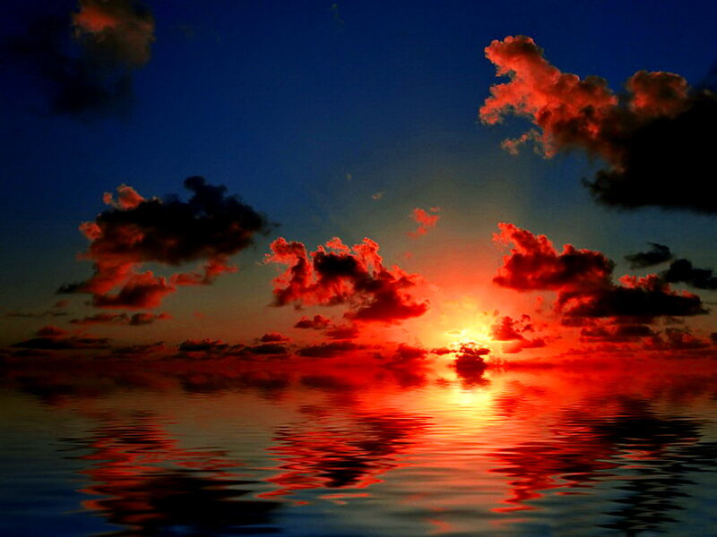 Sunset over Water — Red, Dramatic, Photograph, Clouds, Sun, Reflection