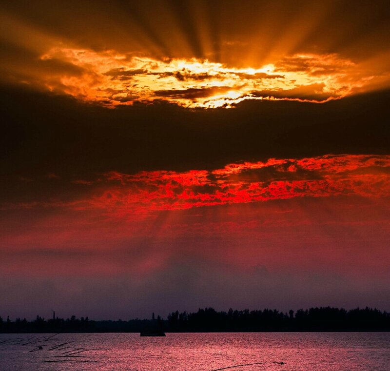 Sunset over Water — Red, Dramatic, Photograph, Clouds, Sunlight