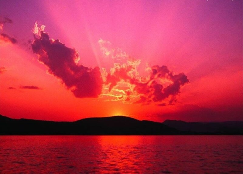 Sunset over Water — Red, Dramatic, Photograph, Clouds