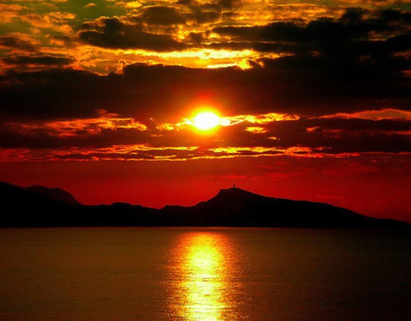 Sunset over Water — Red, Dramatic, Photograph, Mountain