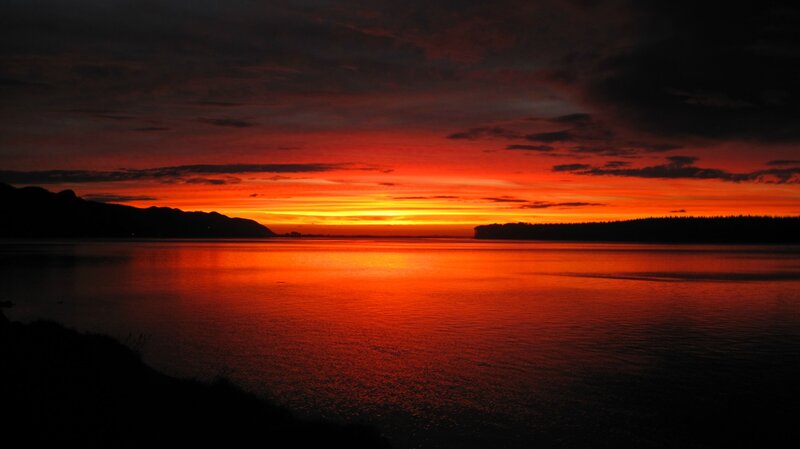 Sunset over Water — Red, Dramatic, Photograph, Mountains, Sky