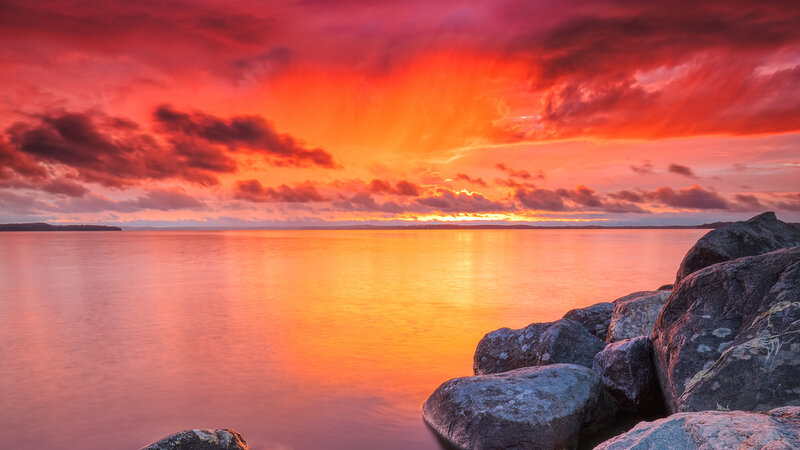 Sunset over Water — Red, Dramatic, Photograph, Rocks