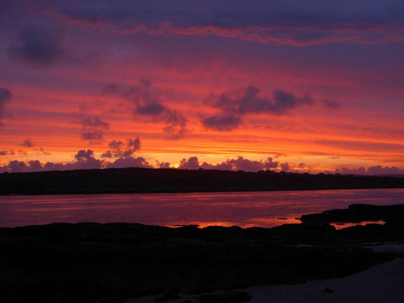 Sunset over Water — Red, Dramatic, Photograph, Sky, Clouds, Land