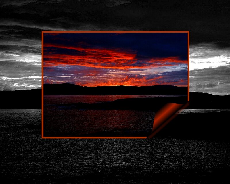 Sunset over Water — Red, Dramatic, Photograph, Sky, Mountains