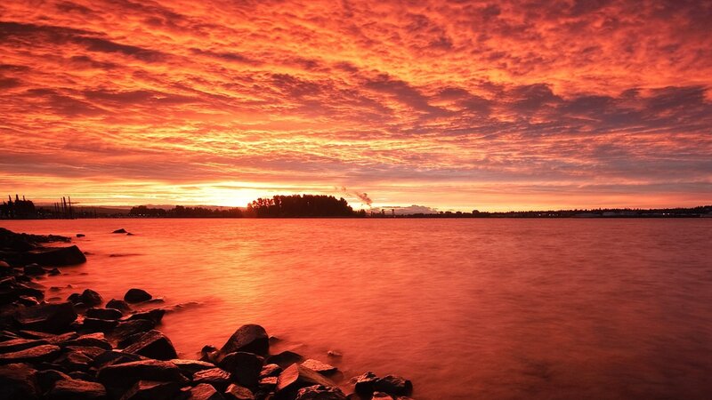 Sunset over Water — Red, Dramatic, Photograph, Sky, Rocks