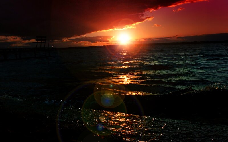Sunset over Water — Red, Dramatic, Photograph, Sun, Clouds, Pier