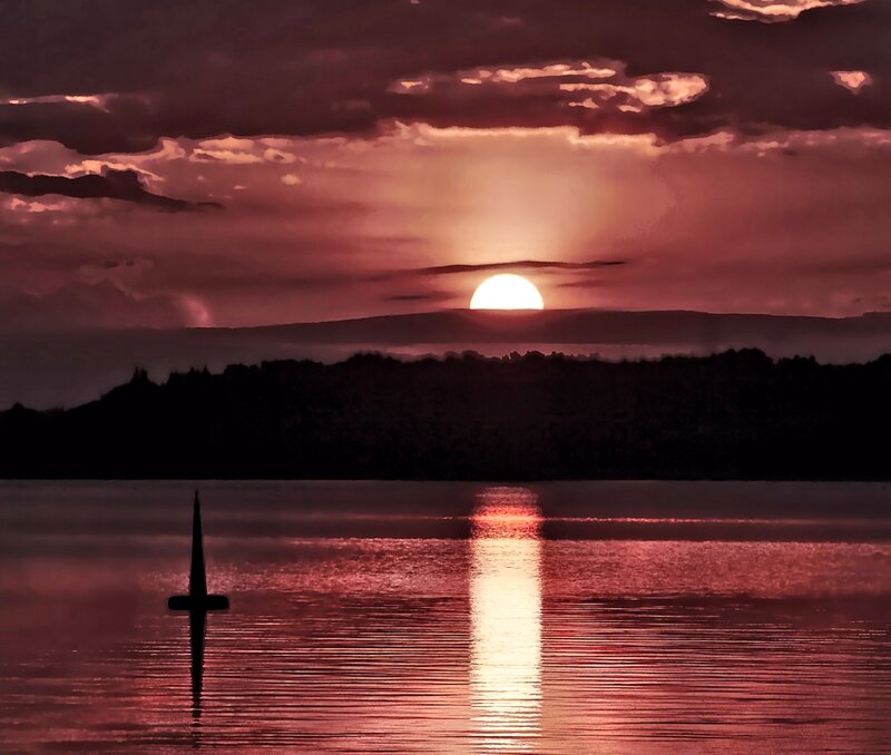Sunset over Water — Red, Dramatic, Photograph, Sun, Clouds