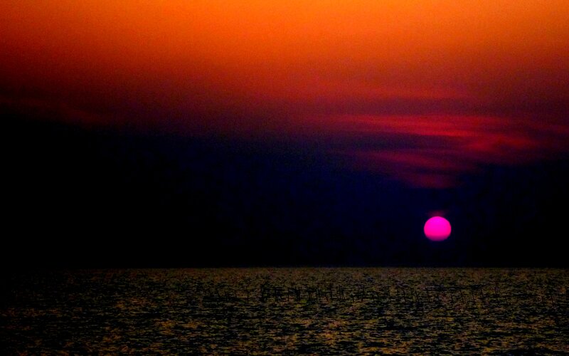 Sunset over Water — Red, Dramatic, Photograph, Sun, Sky