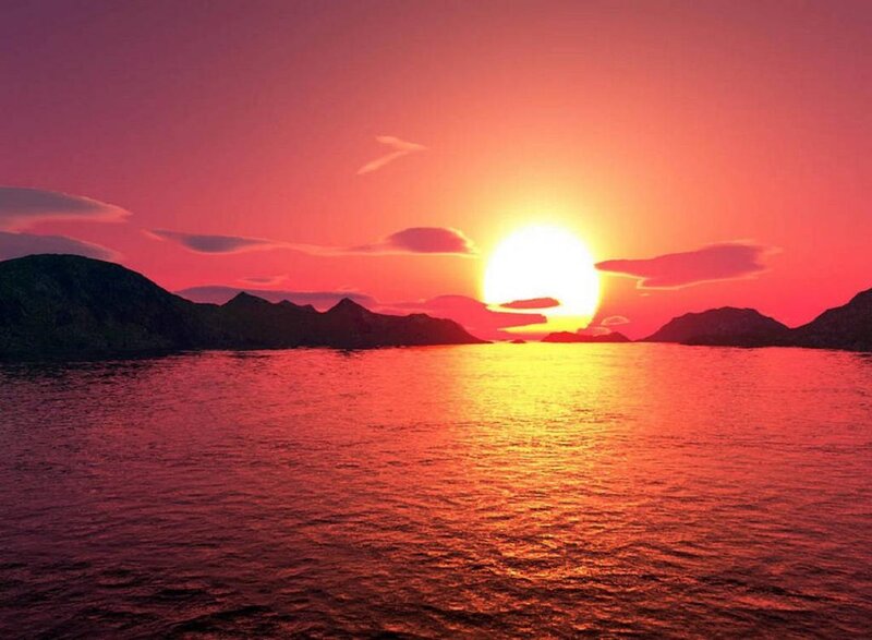 Sunset over Water — Red, Serene, Digital Art