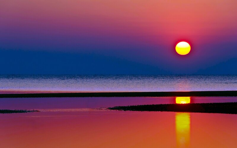 Sunset over Water — Red, Serene, Photograph, Sun