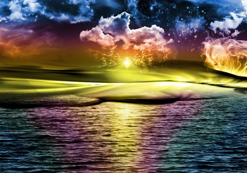 Sunset over Water — Yellow, Dramatic, Digital Art, Clouds
