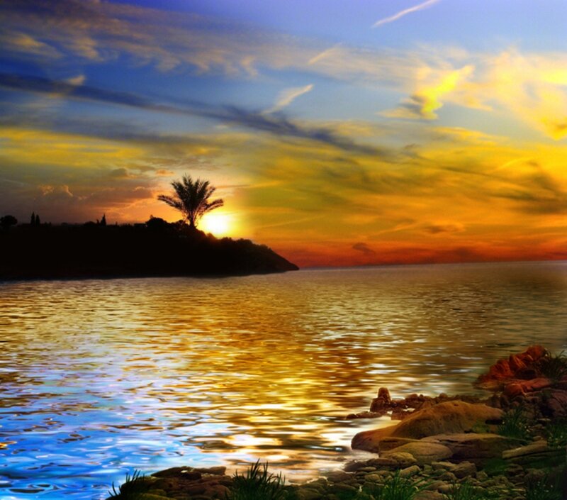 Sunset over Water — Yellow, Serene, Digital Art