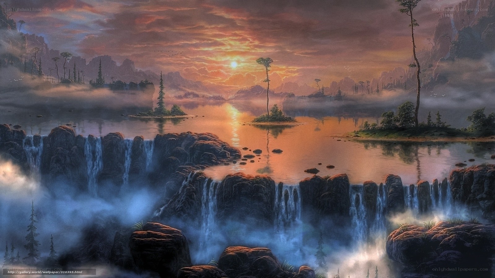 Sunset over Waterfall Landscape