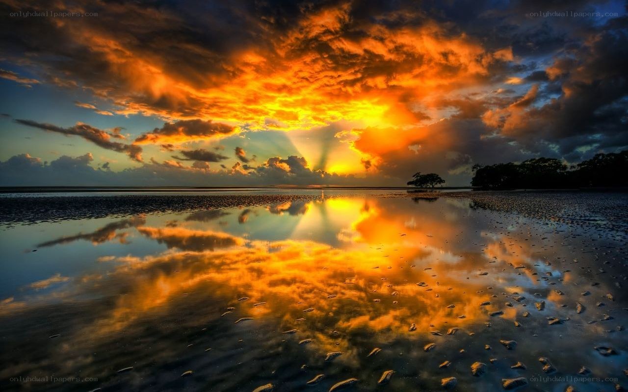 Sunset over wet beach