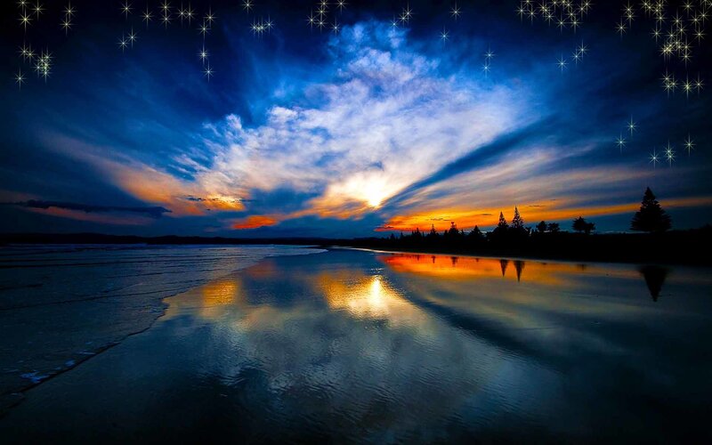 Sunset over Wet Beach — Blue, Dramatic, Photograph, Sky, Clouds