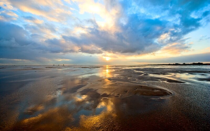 Sunset over Wet Beach — Blue, Dramatic, Photograph
