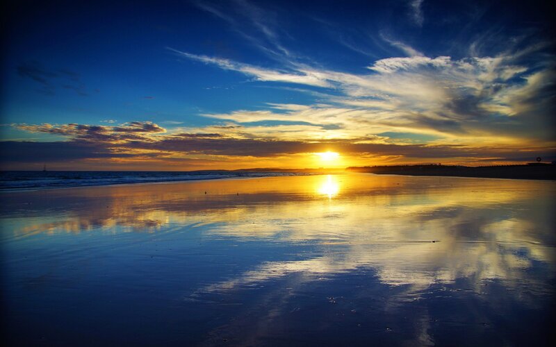 Sunset over Wet Beach — Blue, Serene, Photograph, Ocean, Sky