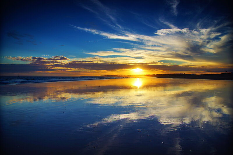 Sunset over Wet Beach — Blue, Serene, Photograph