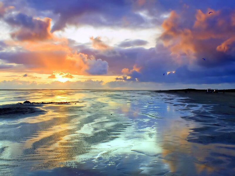 Sunset over Wet Beach — Orange, Dramatic, Photograph, Clouds, Ocean, Sky
