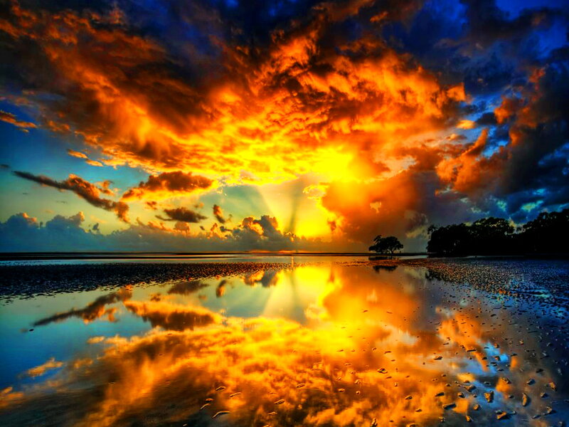 Sunset over Wet Beach — Orange, Dramatic, Photograph, Clouds, Reflection