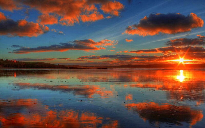 Sunset over Wet Beach — Orange, Dramatic, Photograph, Clouds, Sun