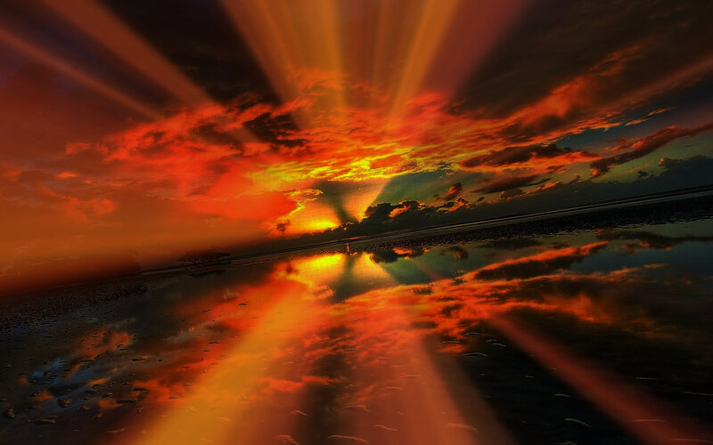 Sunset over Wet Beach — Orange, Dramatic, Photograph, Clouds, Sunlight