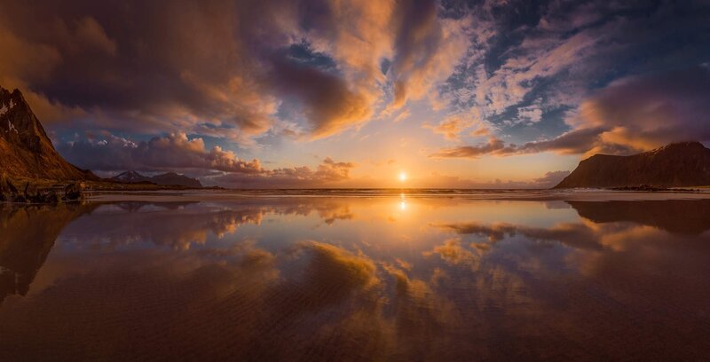 Sunset over Wet Beach — Orange, Dramatic, Photograph, Mountains