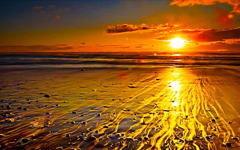 Sunset over Wet Beach — Orange, Dramatic, Photograph, Ocean, Sand