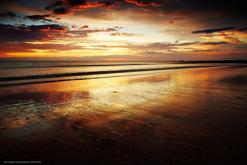 Sunset over Wet Beach — Orange, Dramatic, Photograph, Ocean, Sky