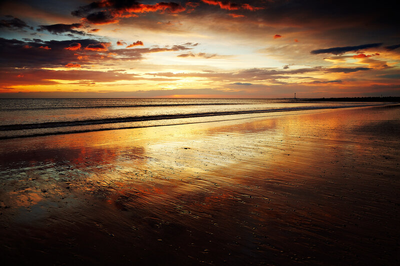 Sunset over Wet Beach — Orange, Dramatic, Photograph, Ocean