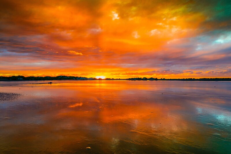 Sunset over Wet Beach — Orange, Dramatic, Photograph, Sky, Clouds