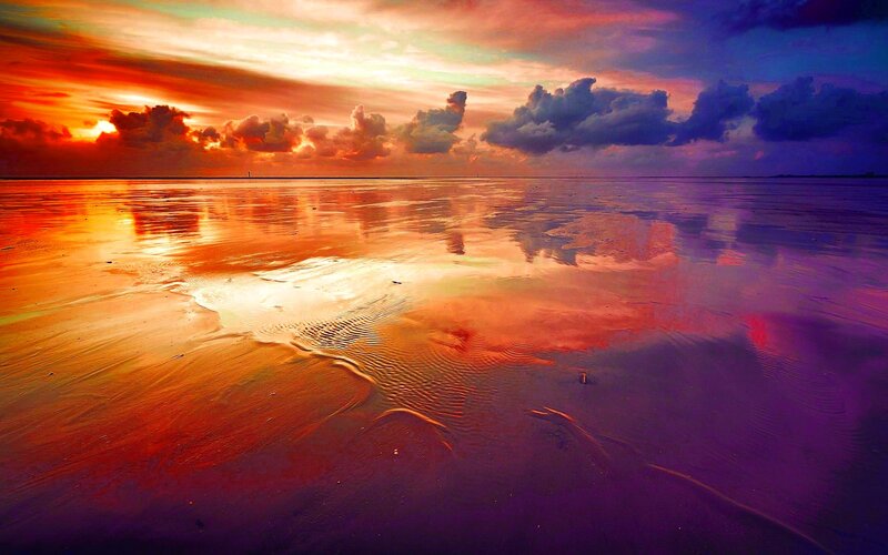 Sunset over Wet Beach — Orange, Dramatic, Photograph, Sky