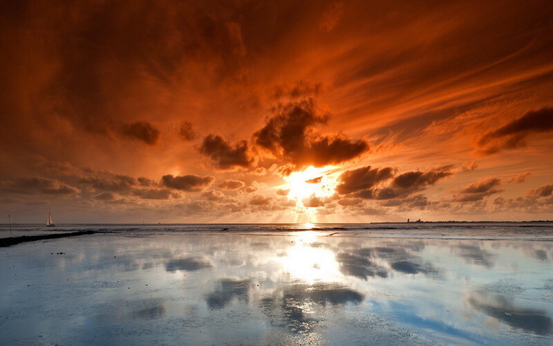 Sunset over Wet Beach — Orange, Dramatic, Photograph, Sun