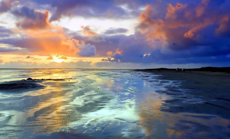Sunset over Wet Beach — Orange, Dramatic, Photograph