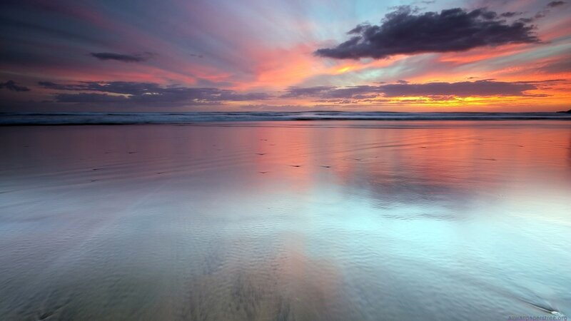 Sunset over Wet Beach — Orange, Serene, Photograph, Ocean, Clouds, Sand